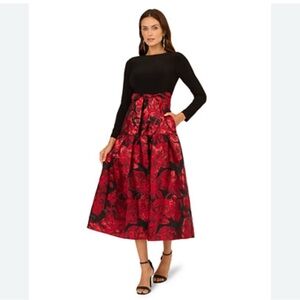 Elegant Black & Red Floral Maxi Dress Black Top Long Sleeves Overlap diff fr pic